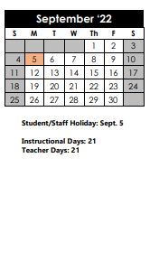 District School Academic Calendar for Children's Intervention for September 2022