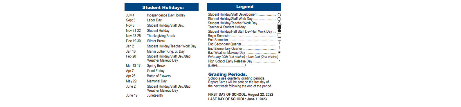District School Academic Calendar Key for O'connor High School