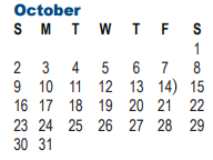 District School Academic Calendar for School Aged Parenting Program for October 2022