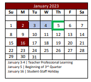 District School Academic Calendar for Denton Co J J A E P for January 2023