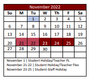 District School Academic Calendar for Denton Co J J A E P for November 2022