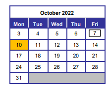 District School Academic Calendar for Okaloosa Applied Tech Center for October 2022