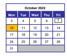 District School Academic Calendar for Gulf Coast Residential Care for October 2022