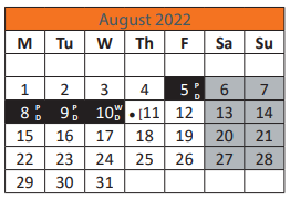 District School Academic Calendar for Parker Elementary School for August 2022