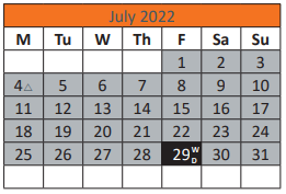 District School Academic Calendar for Santa Fe South HS for July 2022
