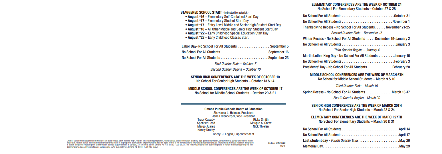 District School Academic Calendar Key for Belvedere