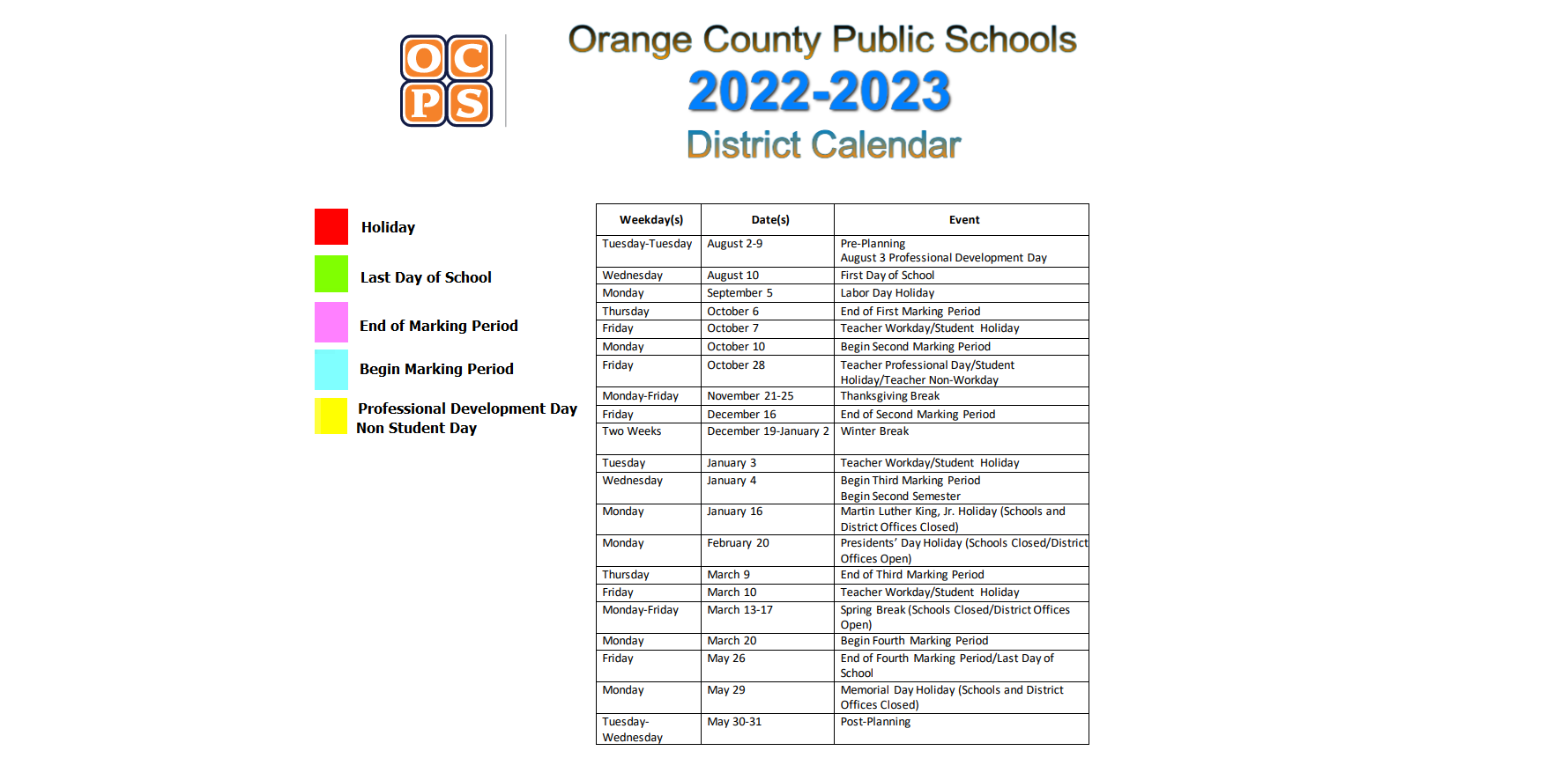 District School Academic Calendar Key for Origins Montessori Charter