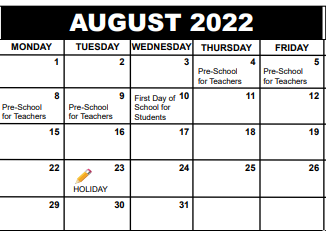 District School Academic Calendar for Washington Elementary Magnet School for August 2022