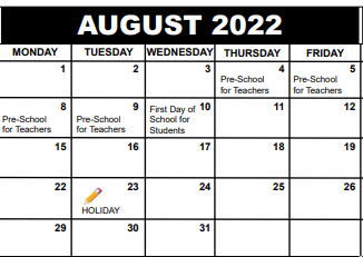 District School Academic Calendar for Jupiter Elementary School for August 2022
