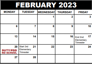 District School Academic Calendar for South Area Elementary Transition School for February 2023