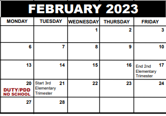 District School Academic Calendar for Potentials South for February 2023