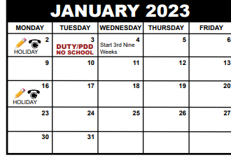 District School Academic Calendar for Potentials South for January 2023