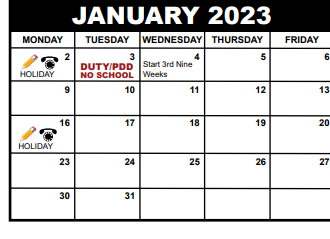 District School Academic Calendar for Intensive Transition Central for January 2023