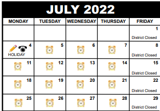 District School Academic Calendar for Life Skills for July 2022