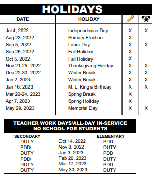 District School Academic Calendar Legend for Verde Elementary School