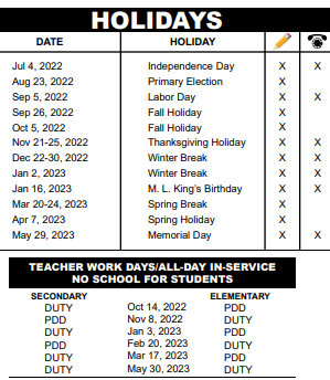 District School Academic Calendar Legend for Potentials Charter School