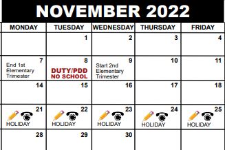 District School Academic Calendar for Intensive Transition Central for November 2022