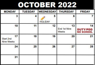 District School Academic Calendar for Alexander W Dreyfoos Junior School Of The Arts for October 2022