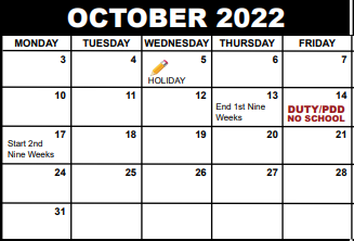 District School Academic Calendar for West Gate Elementary School for October 2022