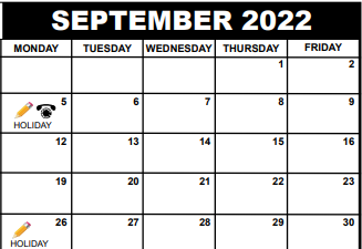 District School Academic Calendar for North Area Secondary Intensive Transition for September 2022