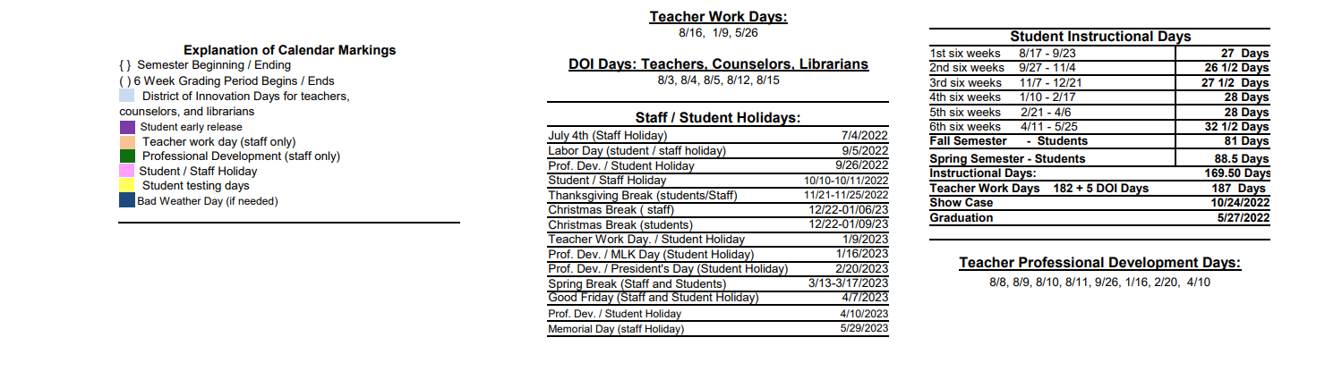 District School Academic Calendar Key for P L C-pampa Learning Ctr