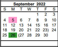 District School Academic Calendar for Pampa Junior High School for September 2022