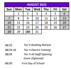 District School Academic Calendar for Adult Satellite East for August 2022