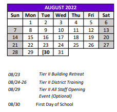 District School Academic Calendar for Wesley Chapel Elementary School for August 2022