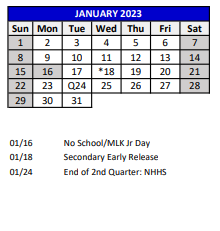 District School Academic Calendar for River Ridge High Adult Education for January 2023