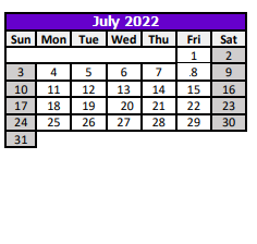 District School Academic Calendar for Sunray Elementary School for July 2022