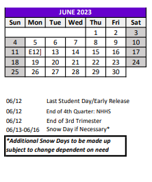 District School Academic Calendar for Juvenile Detention Center for June 2023