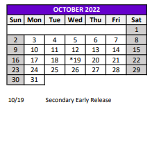 District School Academic Calendar for Sunray Elementary School for October 2022