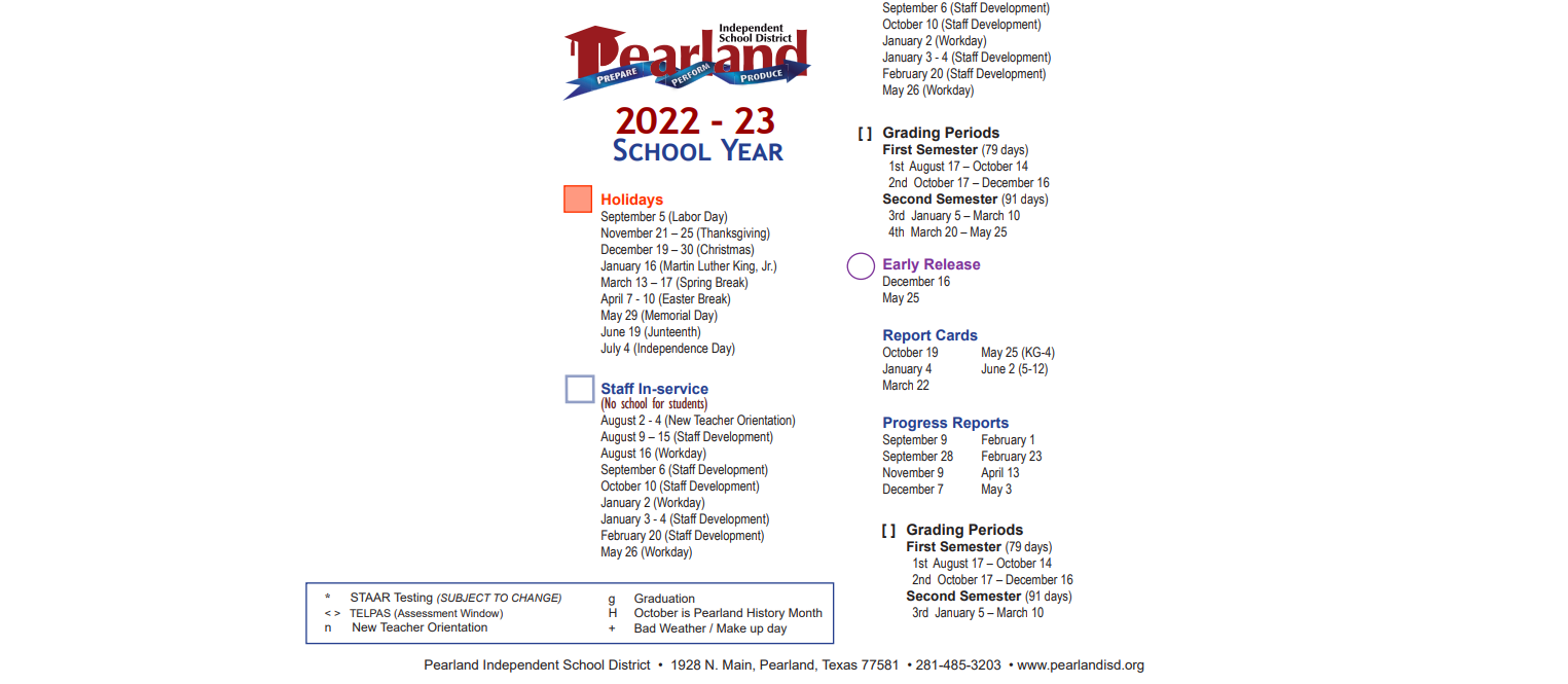 Pearland High School - School District Instructional Calendar - Pearland Isd  - 2022-2023