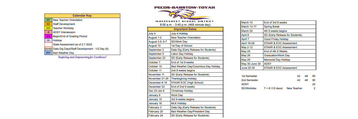 District School Academic Calendar Key for Pecos Kind
