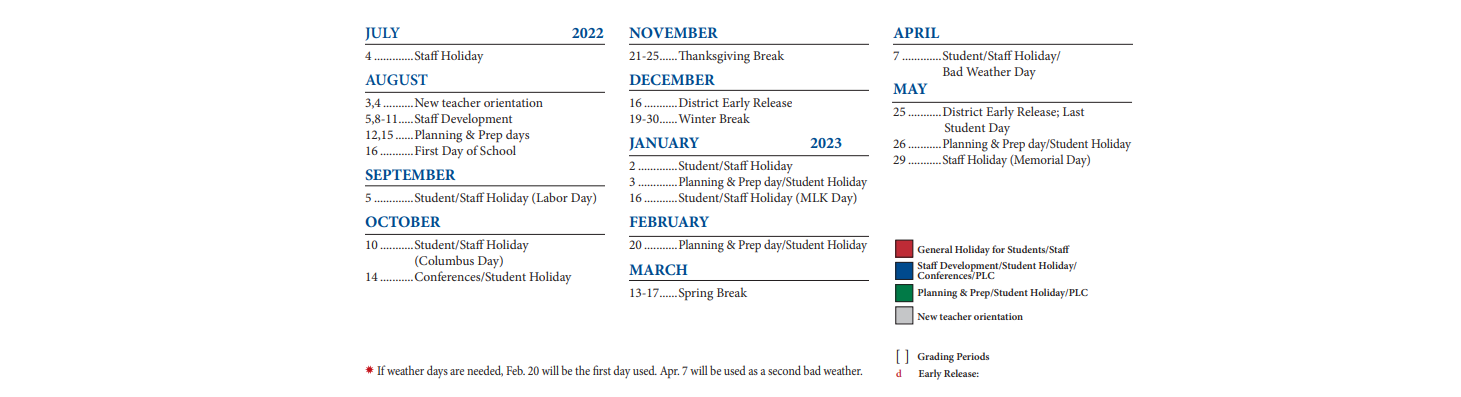 District School Academic Calendar Key for River Oaks Elementary