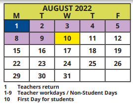 District School Academic Calendar for Pasadena Fundamental Elementary School for August 2022