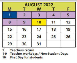 District School Academic Calendar for Sunset Hills Elementary School for August 2022