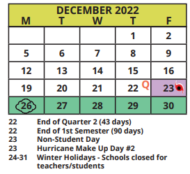 District School Academic Calendar for Pasadena Fundamental Elementary School for December 2022