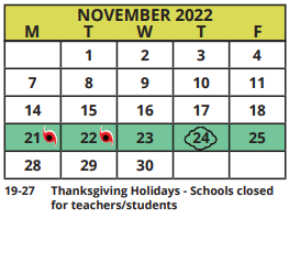 District School Academic Calendar for John M. Sexton Elementary School for November 2022
