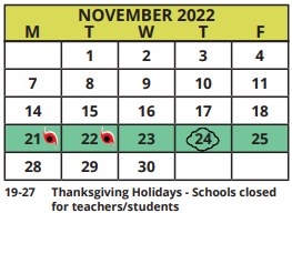 District School Academic Calendar for Tyrone Middle School for November 2022