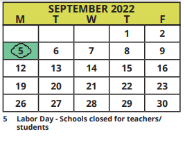 District School Academic Calendar for Westgate Elementary School for September 2022