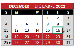 District School Academic Calendar for Even Start Program for December 2022