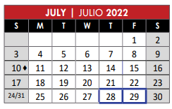 District School Academic Calendar for Even Start Program for July 2022