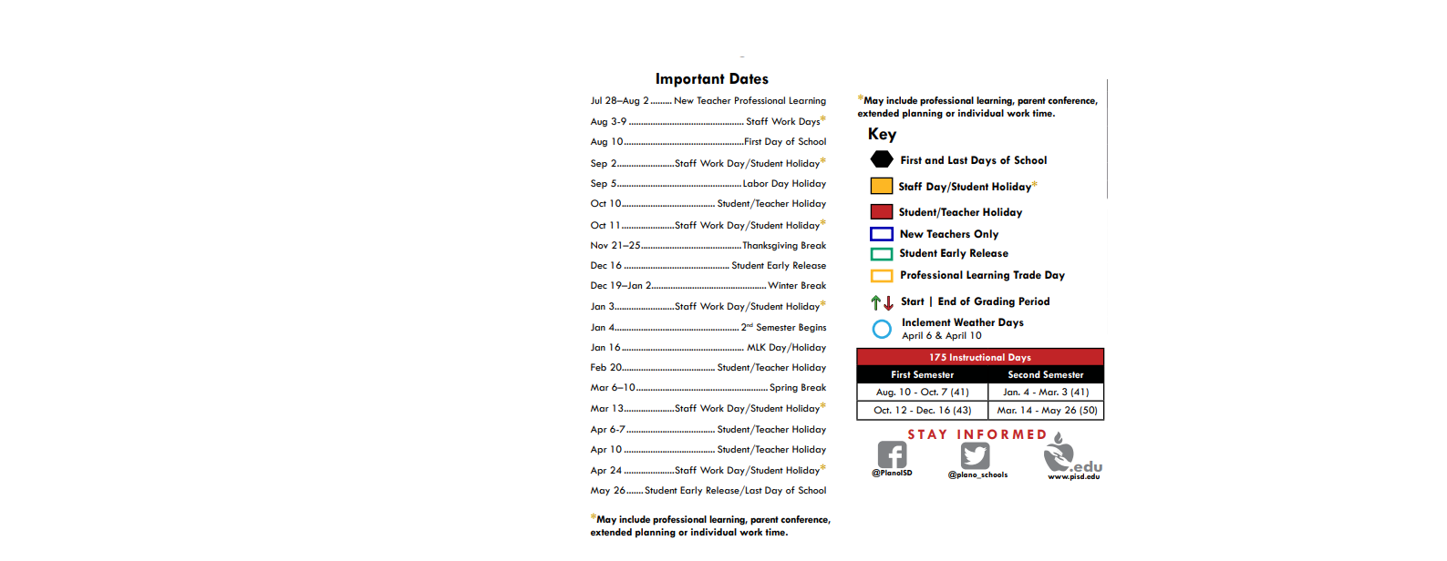 District School Academic Calendar Key for Even Start Program