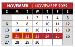 District School Academic Calendar for Even Start Program for November 2022