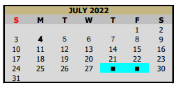 District School Academic Calendar for Pleasant Grove Middle for July 2022