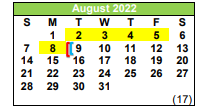 District School Academic Calendar for Pleasanton J H for August 2022