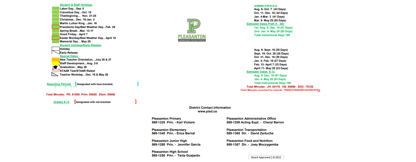 District School Academic Calendar Key for Pleasanton Primary
