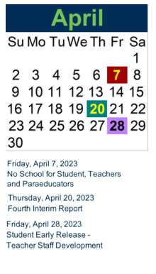 District School Academic Calendar for Roosevelt Academy for April 2023