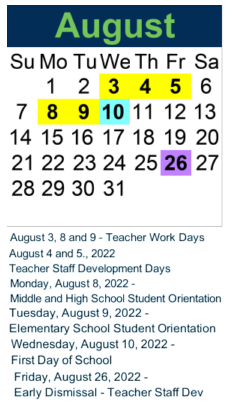 District School Academic Calendar for Our Children's Academy for August 2022